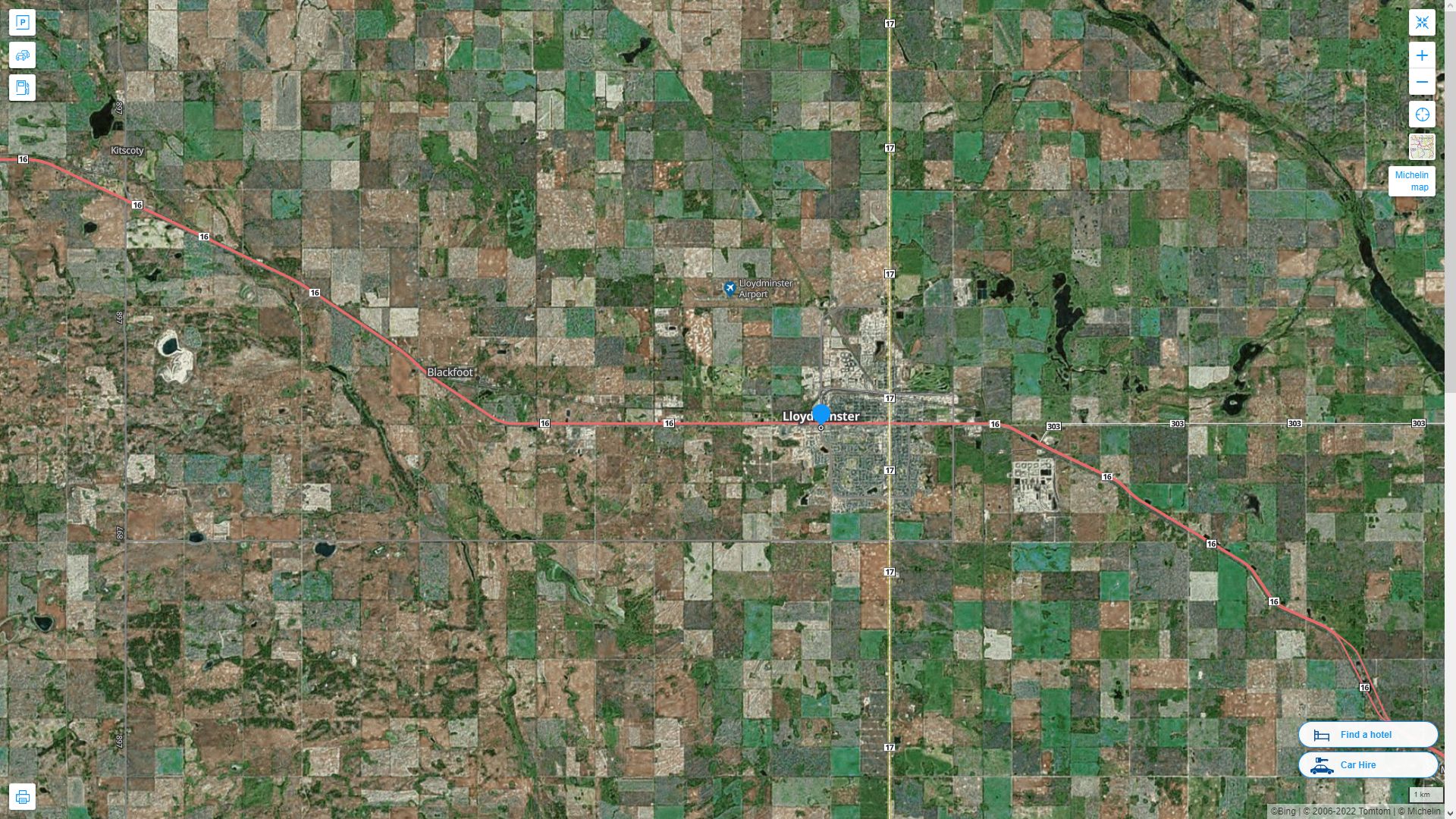 Lloydminster Canada Autoroute et carte routiere avec vue satellite